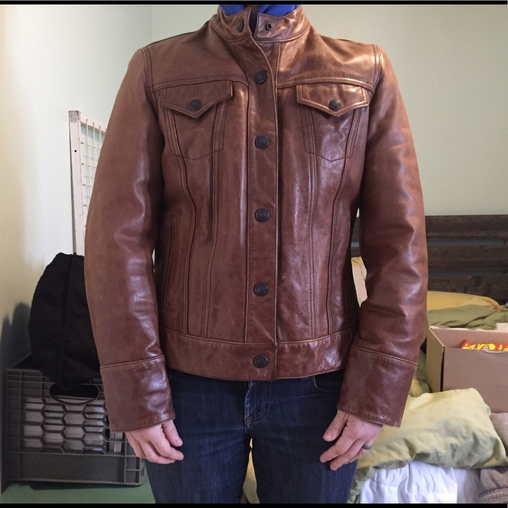 Gap brown leather snap up jacket